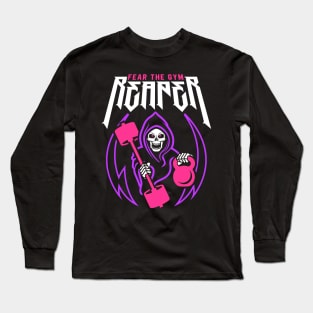 Fear The Gym Reaper (Kettlebell & Barbell) Funny Fitness Pun Long Sleeve T-Shirt